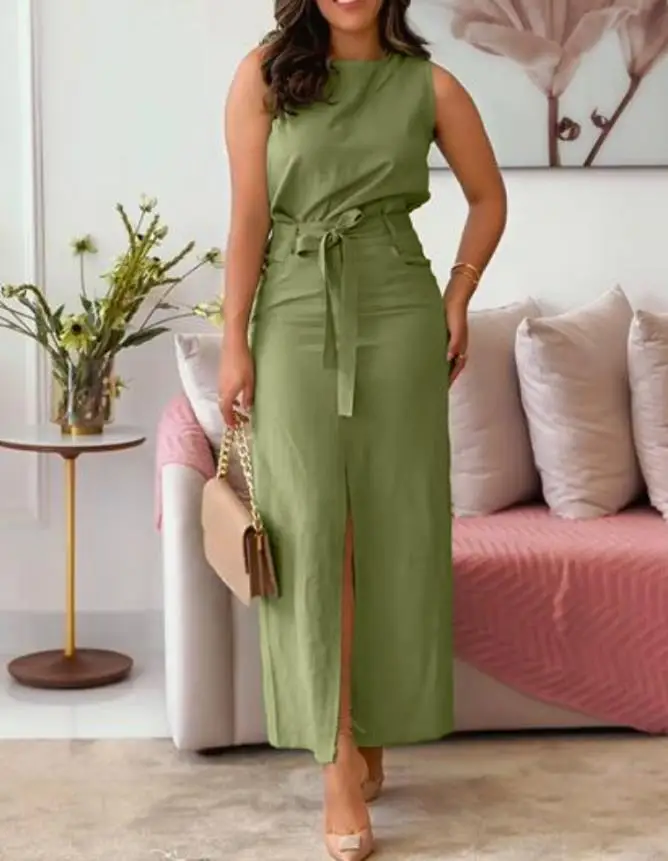 Summer Women's Elegant Commuting Slim Fit 2-Piece Round Neck Sleeveless Vest Top and High Waisted Straight Leg Skirt Set
Summer Women's Elegant Commuting Slim Fit 2-Piece Round Neck Sleeveless Vest Top and High Waisted Straight Leg Skirt Set