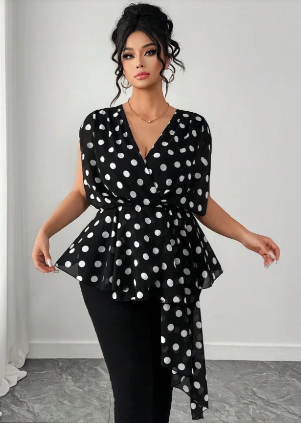 Plus Size Women's Black and White Polka Dot Peplum Shirt Top, Chiffon Sleeveless V-Neck Wrap Irregular Blouse with Drape Ties, Commute Party Date Style
Plus Size Women's Black and White Polka Dot Peplum Shirt Top, Chiffon Sleeveless V-Neck Wrap Irregular Blouse with Drape Ties, Commute Party Date Style