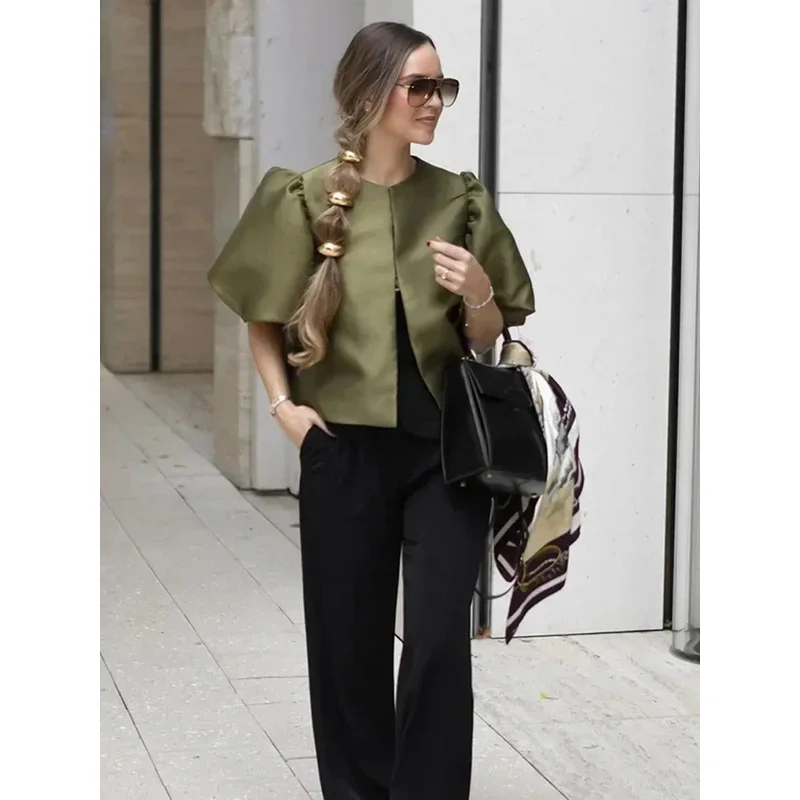Round Neck Satin Solid Short Blouse For Women Elegant Button Puff Short Sleeve New Fashion Shirt Chic Lady Street Shirts 2026
Round Neck Satin Solid Short Blouse For Women Elegant Button Puff Short Sleeve New Fashion Shirt Chic Lady Street Shirts 2026