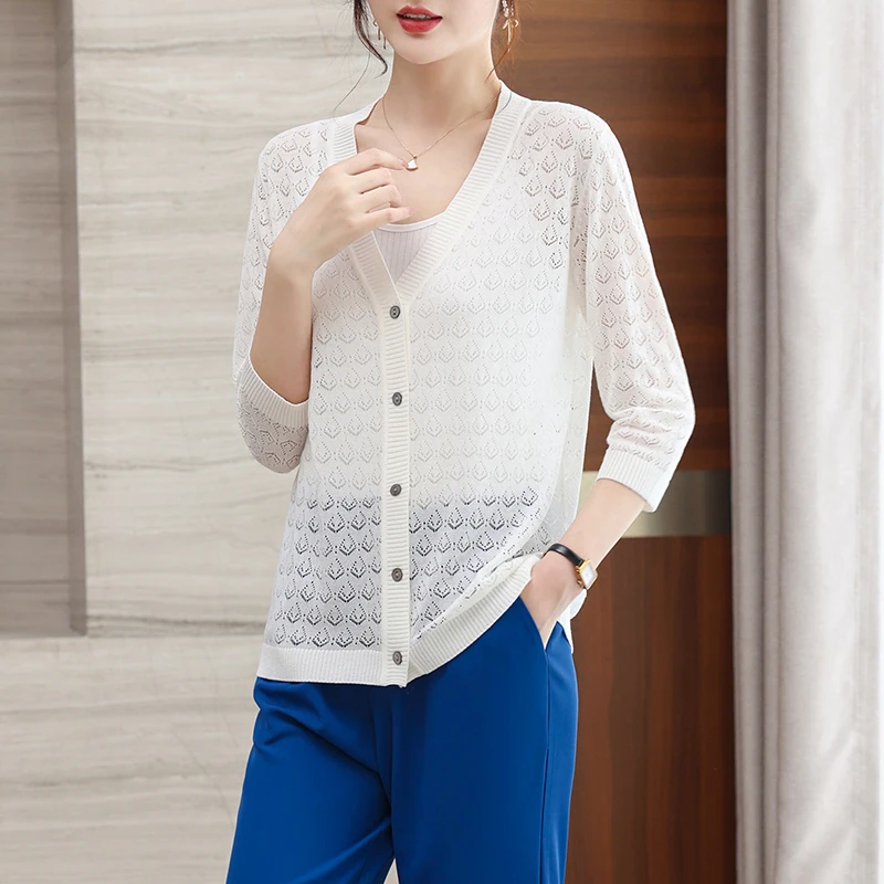 2022 Summer Women Hollow Out Knitwear Lady See Through Knit Cardigan Half Sleeve Single Breasted Thin Knit Outwear
2022 Summer Women Hollow Out Knitwear Lady See Through Knit Cardigan Half Sleeve Single Breasted Thin Knit Outwear