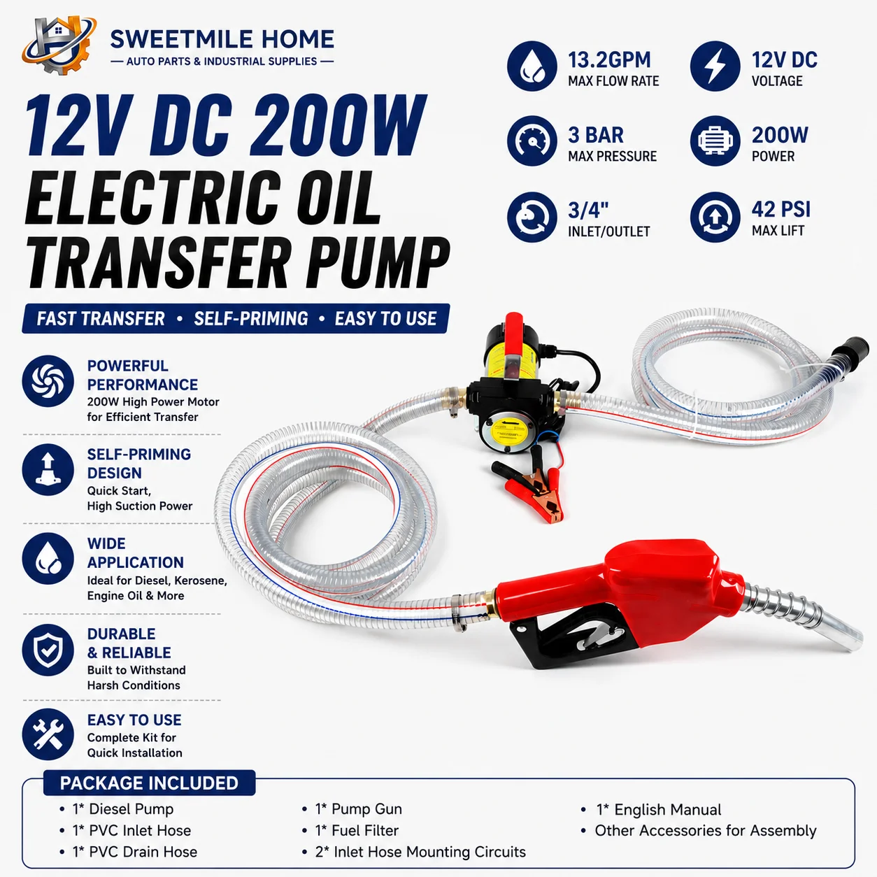 12V DC 200W Electric Oil Transfer Pump 13.2GPM Self-Priming Diesel Pump Kit 3 Bar 42 PSI 3/4" Inlet Outlet with Hoses Gun
12V DC 200W Electric Oil Transfer Pump 13.2GPM Self-Priming Diesel Pump Kit 3 Bar 42 PSI 3/4" Inlet Outlet with Hoses Gun