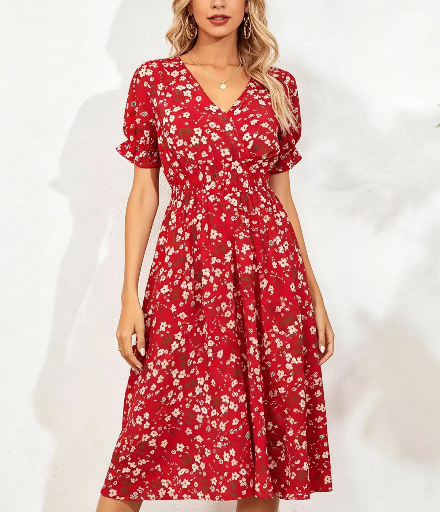 New summer floral print dress with V-neck and red waist-cinching design, short-sleeve vacation-style women's dress
New summer floral print dress with V-neck and red waist-cinching design, short-sleeve vacation-style women's dress