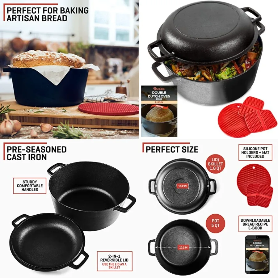 2-in-1 Cast Iron Dutch Oven Large - 5 Quart Dutch Oven Pot with Lid, Pre-Seasoned Cooking Dish for Bread Baking and Stews - Hea
2-in-1 Cast Iron Dutch Oven Large - 5 Quart Dutch Oven Pot with Lid, Pre-Seasoned Cooking Dish for Bread Baking and Stews - Hea