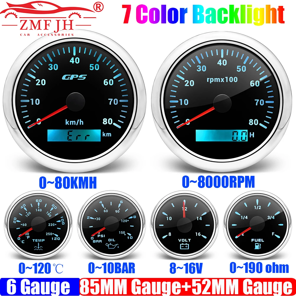 6 Gauge Set 80KMH 85MM GPS Speedometer Tachometer 0-190ohm 52MM Fuel Level Meter Water Temp Oil Pressure Voltage Auto Car Boat
6 Gauge Set 80KMH 85MM GPS Speedometer Tachometer 0-190ohm 52MM Fuel Level Meter Water Temp Oil Pressure Voltage Auto Car Boat
