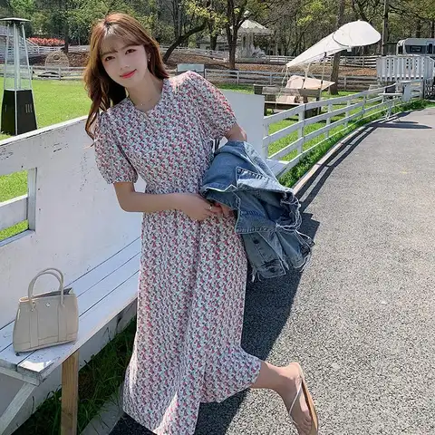 Summer 2022 Korean women's dress French romantic floral round neck with waist binding chiffon