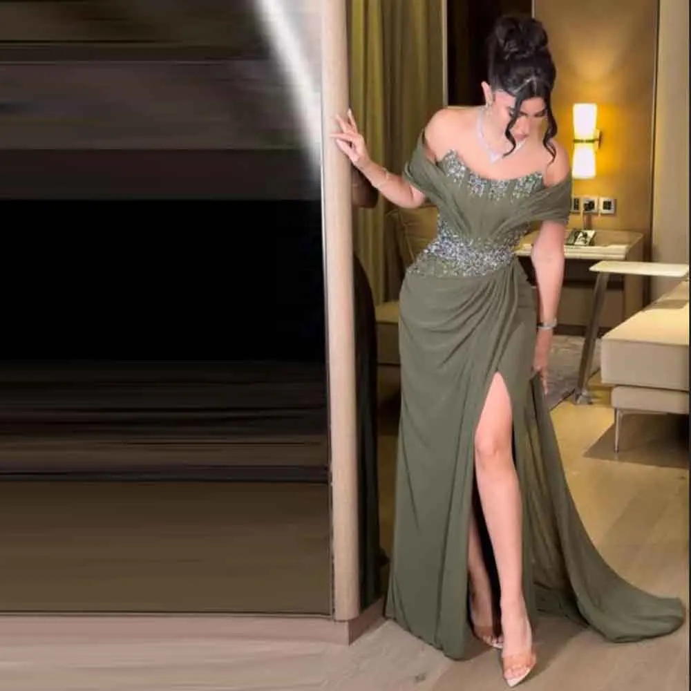 Customized Off the Shoulder Evening Dress with Split Bead Corset Mermaid Banquet Evening Gown Oliver Green Chiffon Dresses
Customized Off the Shoulder Evening Dress with Split Bead Corset Mermaid Banquet Evening Gown Oliver Green Chiffon Dresses