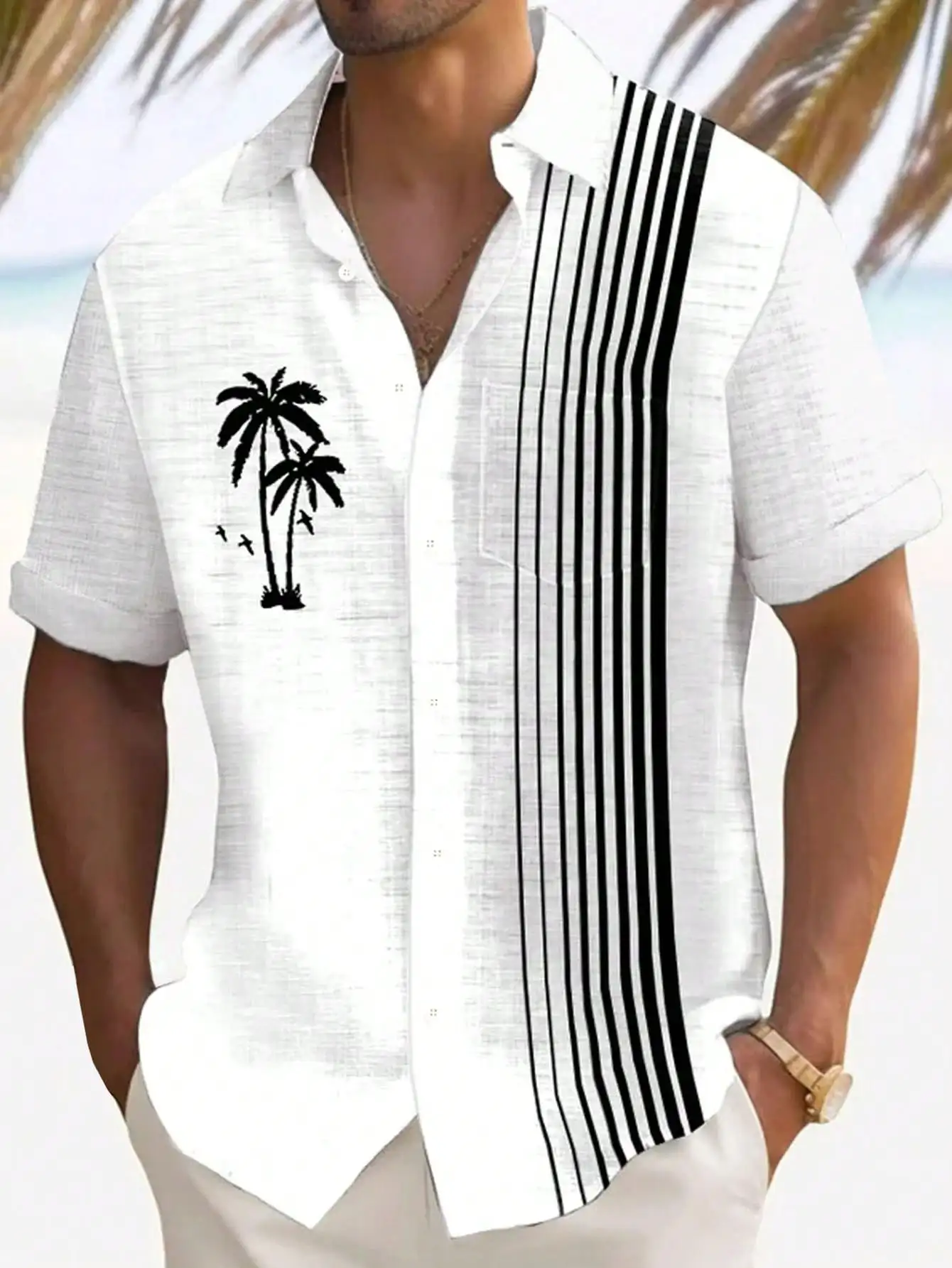 Men's Casual Short Sleeve Shirt with Palm Tree Print and Vertical Stripes
Men's Casual Short Sleeve Shirt with Palm Tree Print and Vertical Stripes