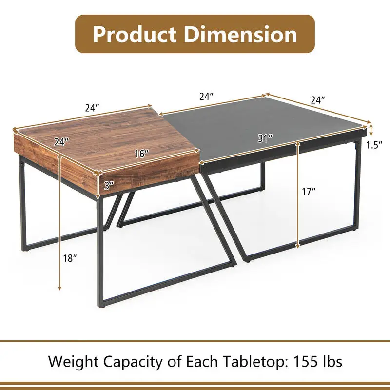 Coffee Table Set of 2 with Powder Coated Metal Legs-Black
Coffee Table Set of 2 with Powder Coated Metal Legs-Black