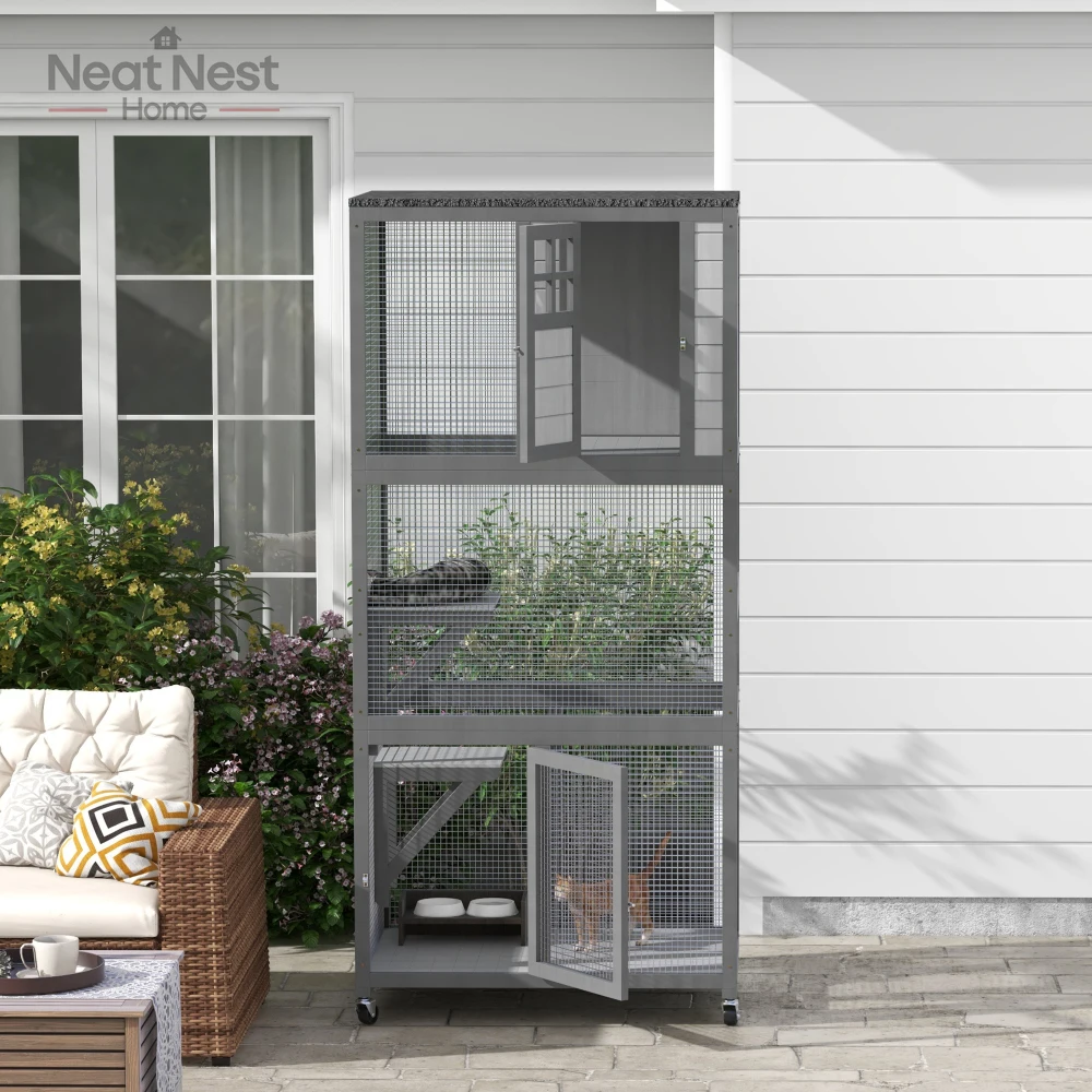 Wooden Outdoor Cat House Weatherproof & Wheeled, Outside Cat Enclosure with High Weight Capacity, Kitten Cage Condo, Light Gray
Wooden Outdoor Cat House Weatherproof & Wheeled, Outside Cat Enclosure with High Weight Capacity, Kitten Cage Condo, Light Gray