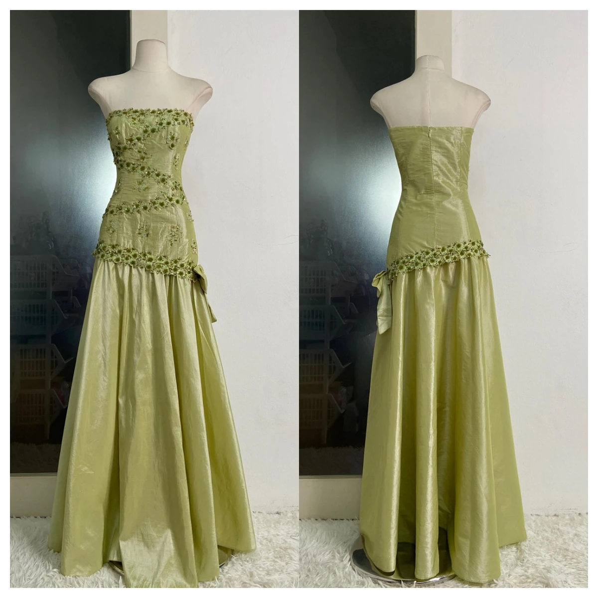 Customized Delicate Green Satin Evening Dress Strapless Sleeveless Bespoke Occasion Gowns Celebrity Gowns Flowers Zipper Back
Customized Delicate Green Satin Evening Dress Strapless Sleeveless Bespoke Occasion Gowns Celebrity Gowns Flowers Zipper Back