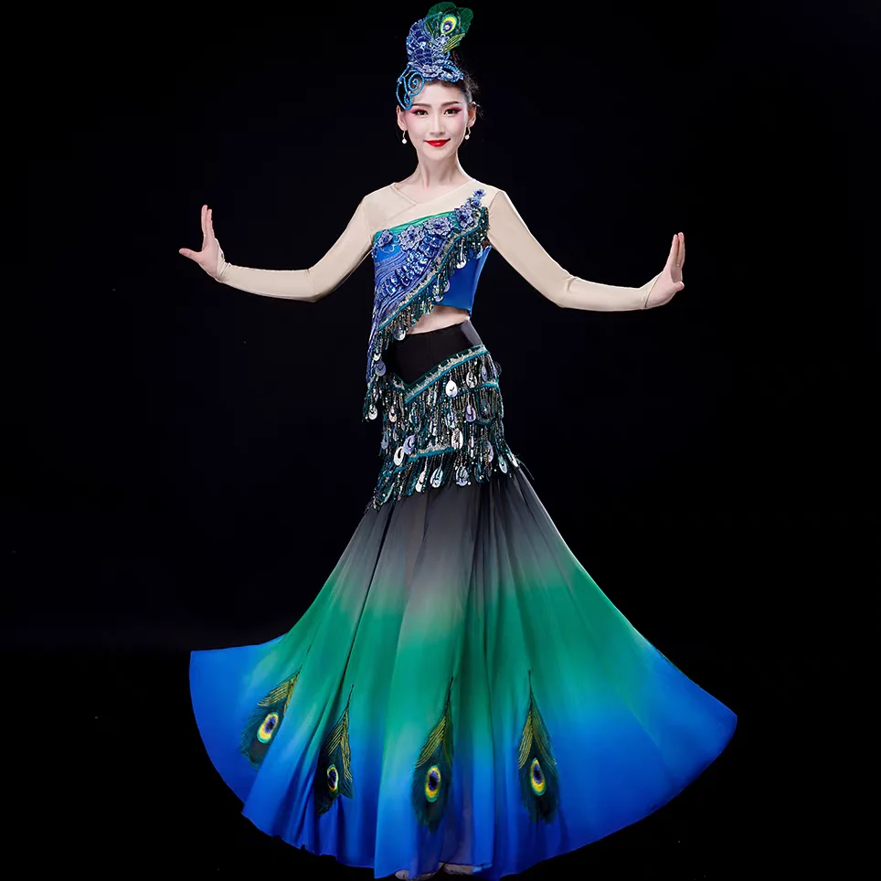 Adult Women's Seined Peacock Mermaid Dance Costume Dai Ethnic Minoity Stage Performance Outit
Adult Women's Seined Peacock Mermaid Dance Costume Dai Ethnic Minoity Stage Performance Outit