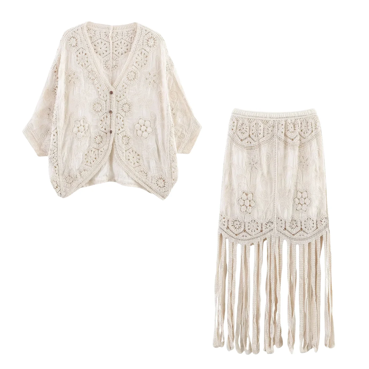 BM&MD&ZA Womens V Neck Batwing Sleeve Crochet Embroidery Cut Out Blouse and Crochet Embroidery Cut Out Fringe Hem Skirt Set
BM&MD&ZA Womens V Neck Batwing Sleeve Crochet Embroidery Cut Out Blouse and Crochet Embroidery Cut Out Fringe Hem Skirt Set