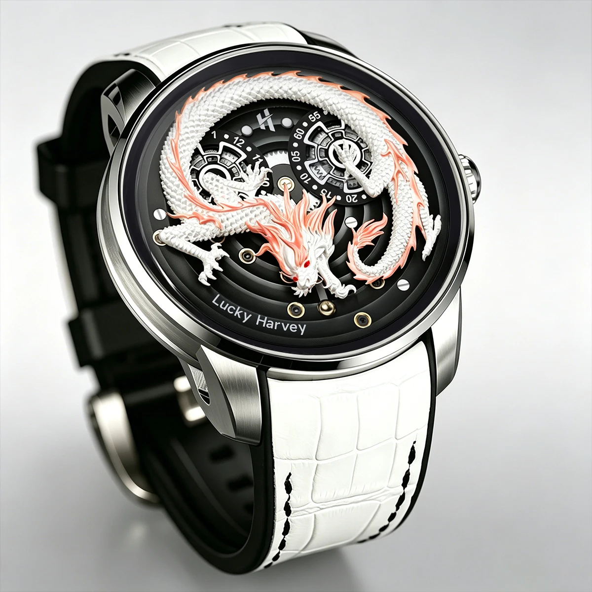 Lucky Harvey DRAGON Series Men's Automatic Mechanical Watch 3D Relief Dial 40H Power Reserve Leather Fluororubber Strap Watch
Lucky Harvey DRAGON Series Men's Automatic Mechanical Watch 3D Relief Dial 40H Power Reserve Leather Fluororubber Strap Watch
