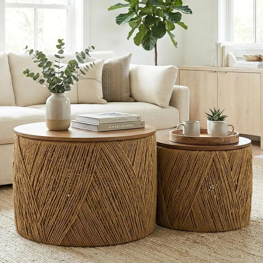 Round Boho Nesting Coffee Tables with Lighting Top, Hand-Woven Rattan for Living Room, Walnut
Round Boho Nesting Coffee Tables with Lighting Top, Hand-Woven Rattan for Living Room, Walnut