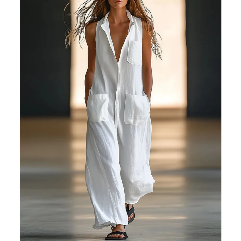 2025 Lapel Sleeveless Loose Jumpsuits Elegant Lady Solid Color Pocket Playsuits Overalls Chic Single Breasted Wide Leg Romper
2025 Lapel Sleeveless Loose Jumpsuits Elegant Lady Solid Color Pocket Playsuits Overalls Chic Single Breasted Wide Leg Romper