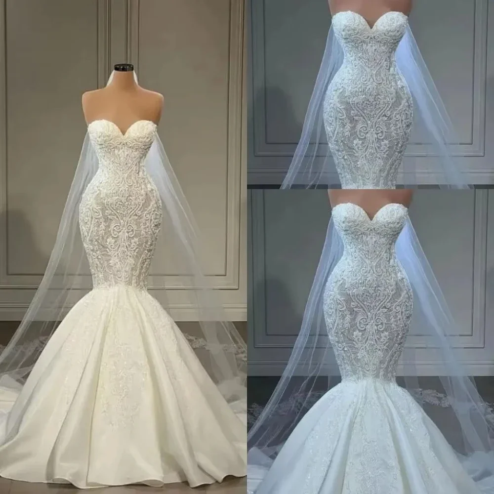 Customized Sexy Sweetheart Lace Mermaid Wedding Dresses Illusion Satin Applique Beaded Backless Beach Bridal Gowns Vestidos De N 
Customized Sexy Sweetheart Lace Mermaid Wedding Dresses Illusion Satin Applique Beaded Backless Beach Bridal Gowns Vestidos De N