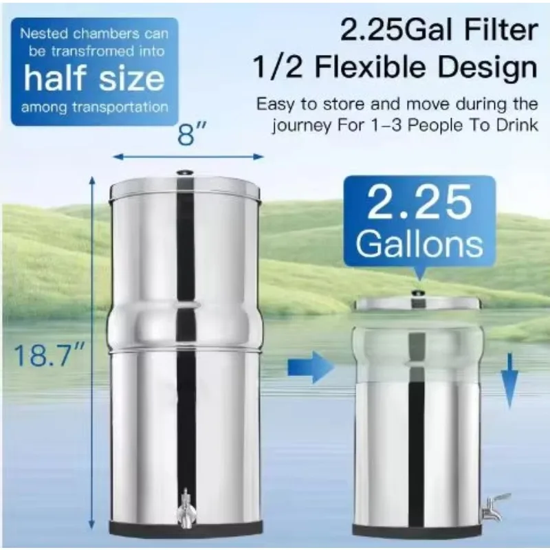 2-Stage Stainless Steel Gravity Fed Countertop Water Filter for Home & Outdoor Use
2-Stage Stainless Steel Gravity Fed Countertop Water Filter for Home & Outdoor Use