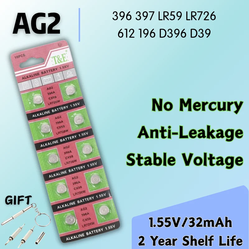 2-50pcs AG2 396 397 LR59 LR726 196 D396 D39 Watch Battery 32mAh 1.55V Button Coin Cell Batteries For Toy Remote Control Camera
2-50pcs AG2 396 397 LR59 LR726 196 D396 D39 Watch Battery 32mAh 1.55V Button Coin Cell Batteries For Toy Remote Control Camera