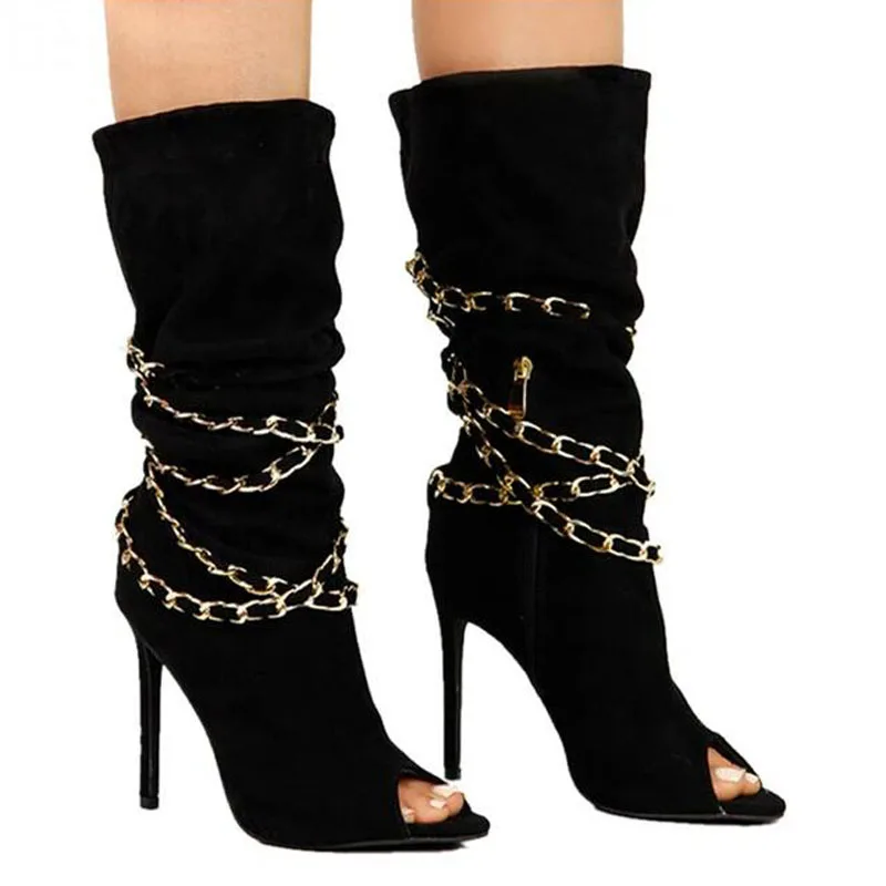 Fashion Women Open Toe Gold Chains Twined Mid Boots apricot black Suede Leather High Heel Stilettos Shoes Women Long Boots
Fashion Women Open Toe Gold Chains Twined Mid Boots apricot black Suede Leather High Heel Stilettos Shoes Women Long Boots
