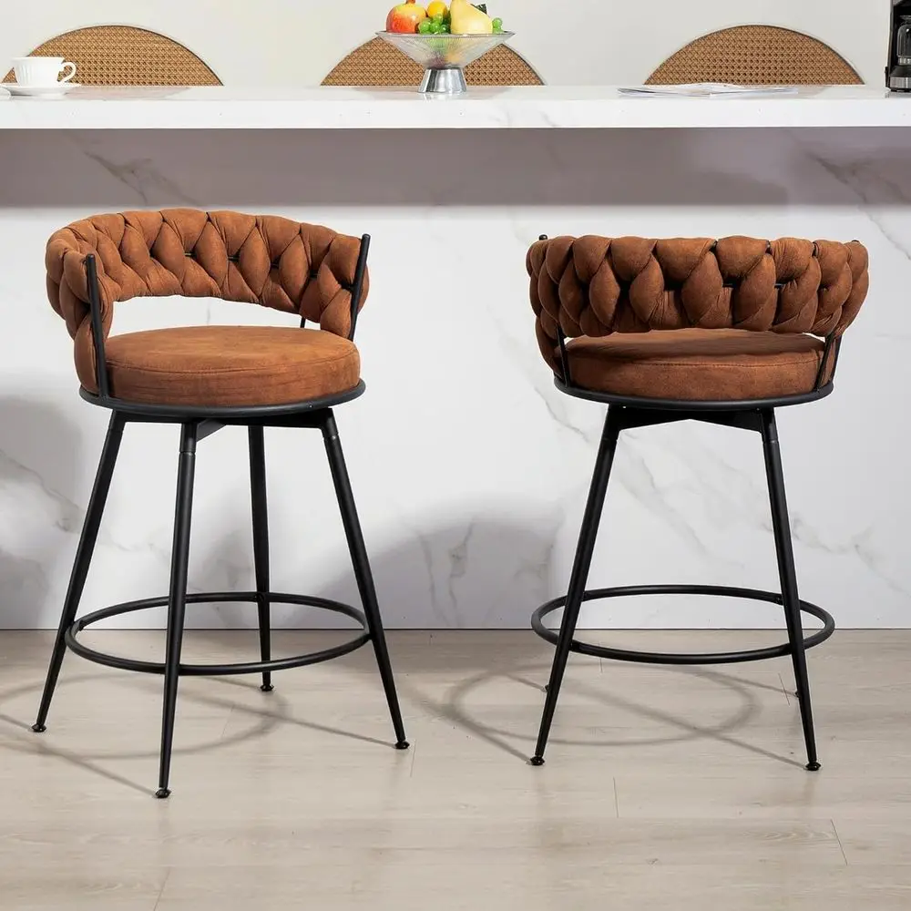 Set of 2 24 High Counter Stools with Woven Backrest, Upholstered Suede Seats, Light Brown
Set of 2 24 High Counter Stools with Woven Backrest, Upholstered Suede Seats, Light Brown