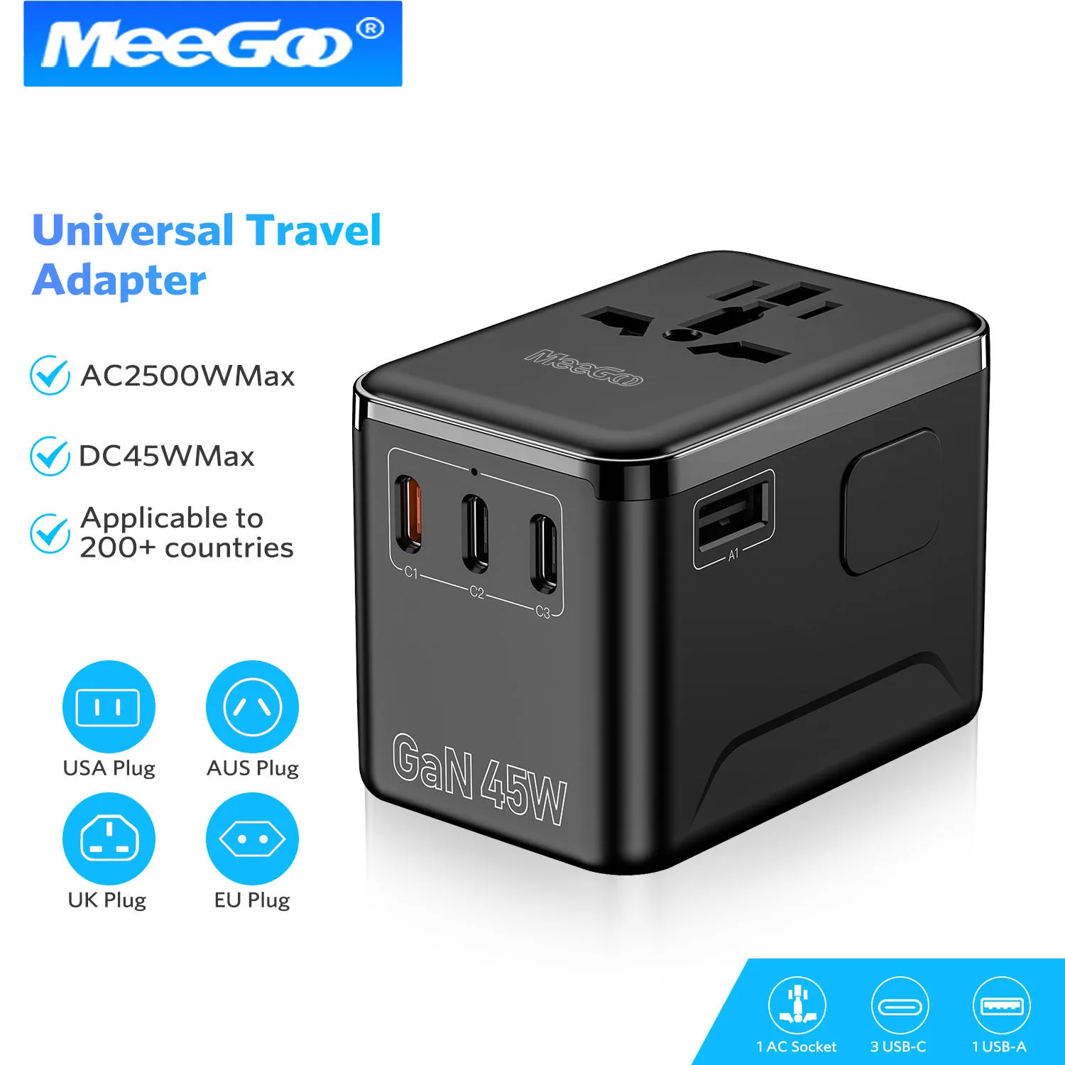 MeeGoo GaN Travel Adapter 45W Universal International Fast Charging USB+Type C Plug Portable Charger Wall Charger Adapter Phone
MeeGoo GaN Travel Adapter 45W Universal International Fast Charging USB+Type C Plug Portable Charger Wall Charger Adapter Phone