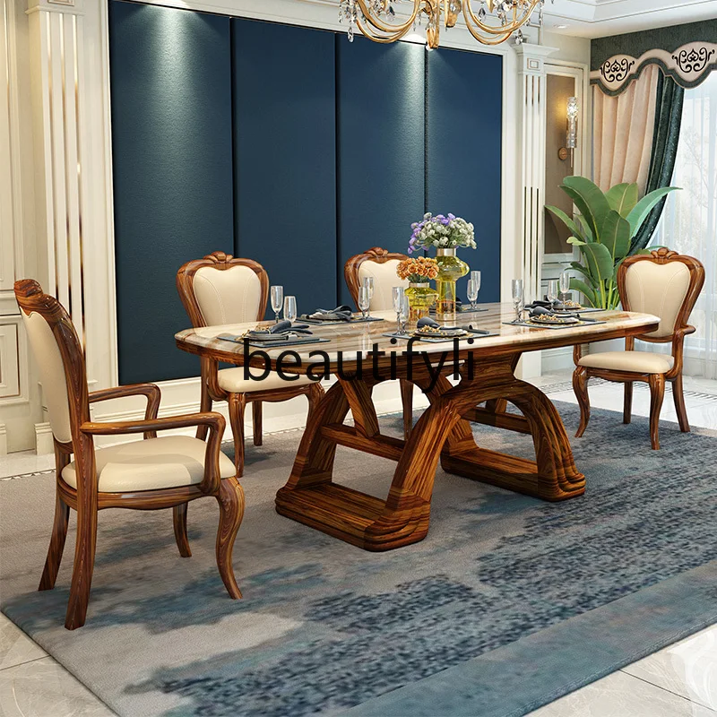 New Chinese ebony rectangular dining table and chair combination marble household dining table solid wood dining table
New Chinese ebony rectangular dining table and chair combination marble household dining table solid wood dining table