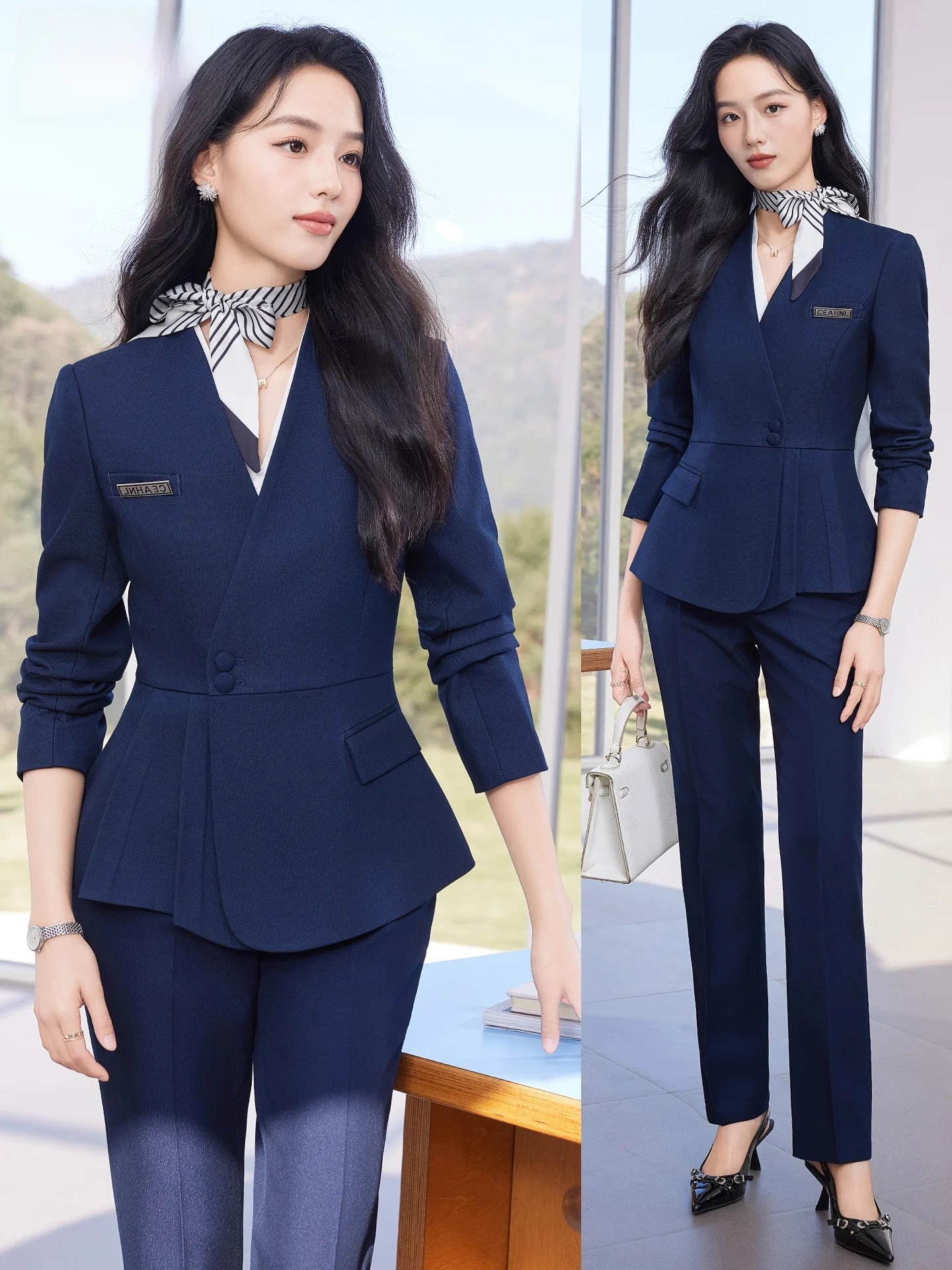 Deep Blue Profional Women's Suit Set Long Sve V-Ne Waist-Cinched Workwear for Jewelry Store Hotel Manager Front Desk
Deep Blue Profional Women's Suit Set Long Sve V-Ne Waist-Cinched Workwear for Jewelry Store Hotel Manager Front Desk