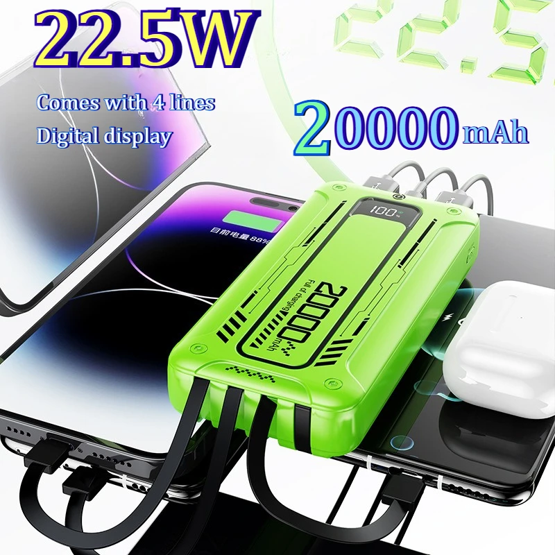 Портативная батарея с быстрой зарядкой 22,5 Вт поставляется с 4 линиями, запасная батарея большой емкости 20000 мАч для IPhone Xiaomi Huawei Samsung
Портативная батарея с быстрой зарядкой 22,5 Вт поставляется с 4 линиями, запасная батарея большой емкости 20000 мАч для IPhone Xiaomi Huawei Samsung