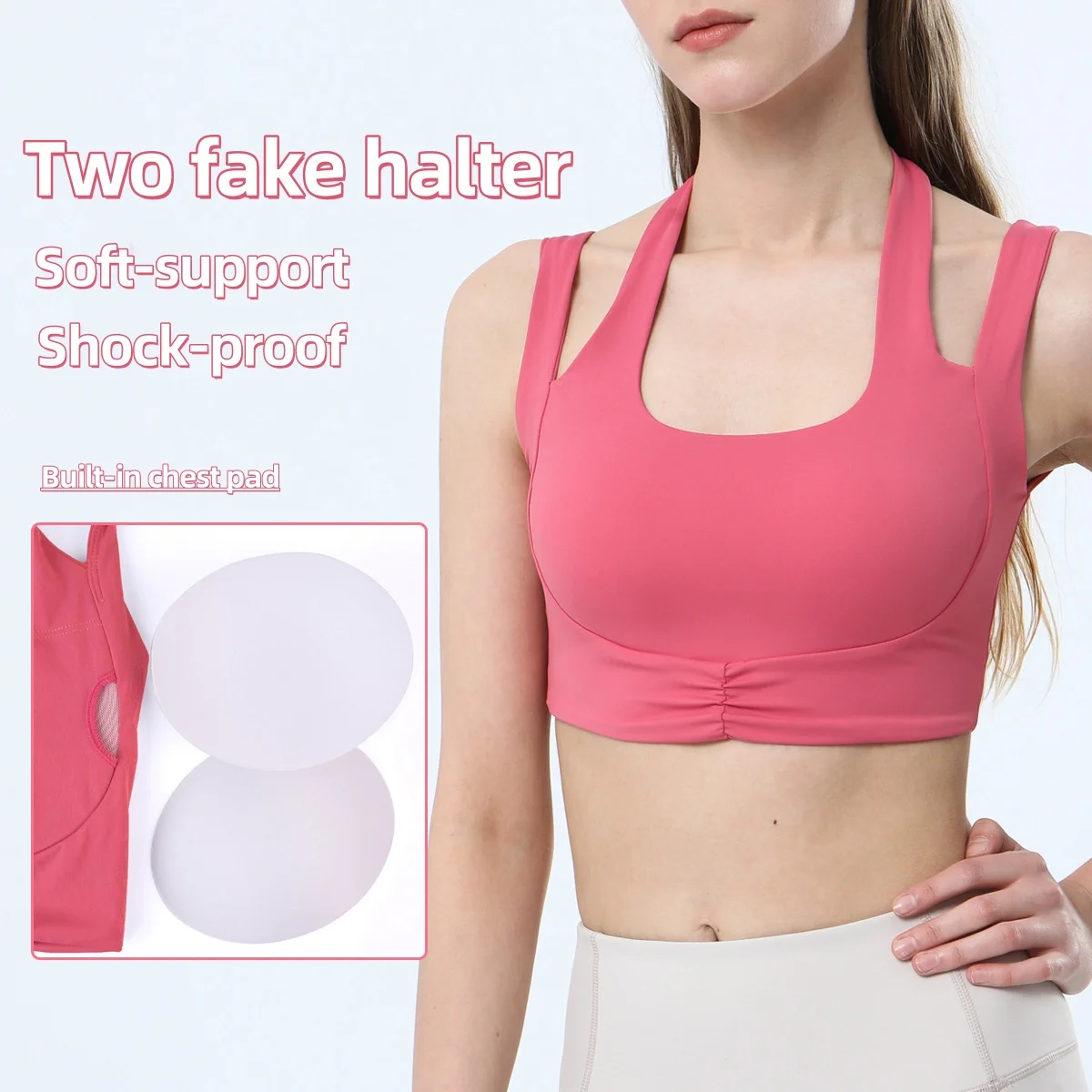 Women's fashion sweet halter non-slip fake two soft support shock-proof removable chest pad backless yoga vest bra with logo
Women's fashion sweet halter non-slip fake two soft support shock-proof removable chest pad backless yoga vest bra with logo