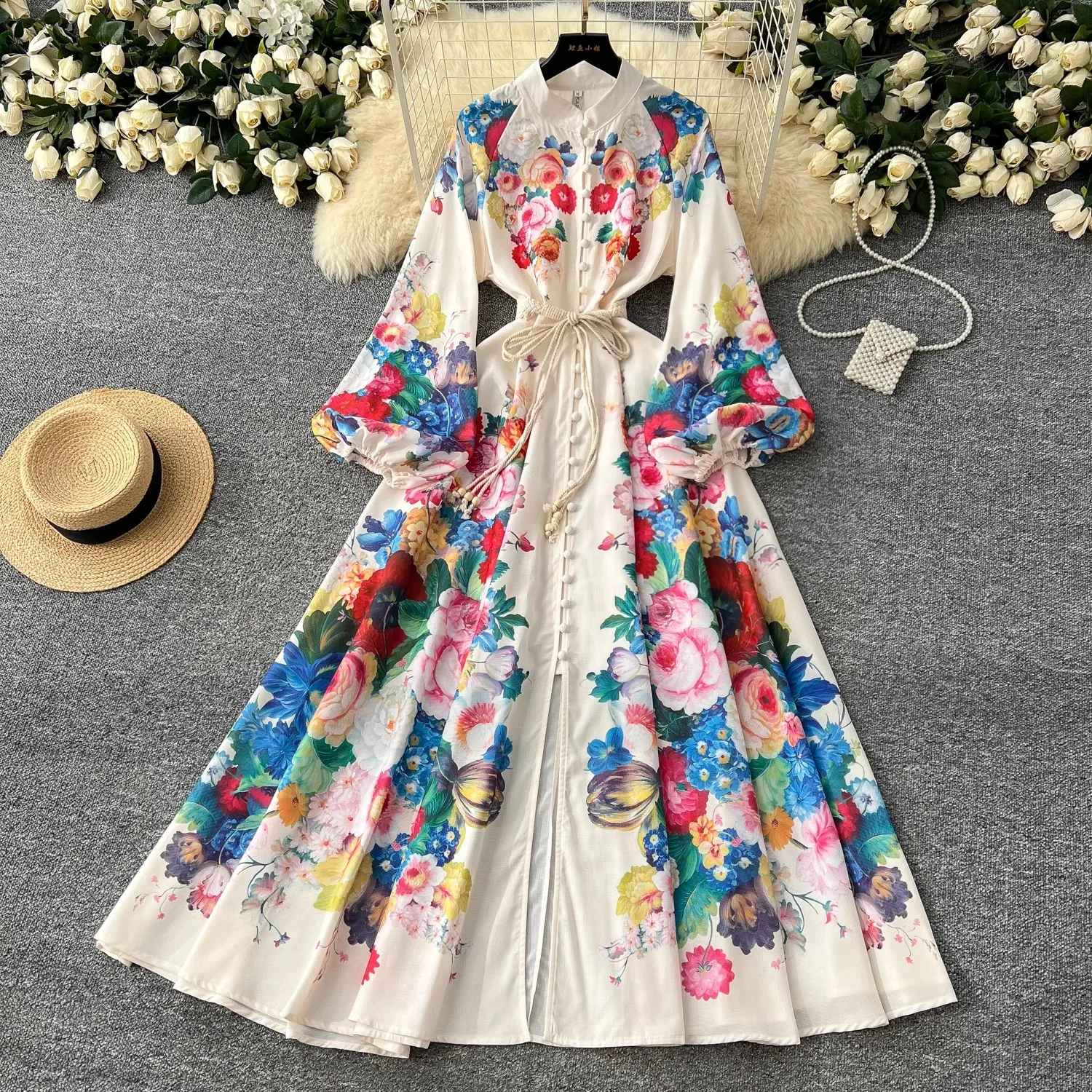 Spring Summer Holiday Gorgeous Flower Maxi Dress Women's Stand Long Lantern Sleeve High Waist Floral Print Lace Up Long Vestido
Spring Summer Holiday Gorgeous Flower Maxi Dress Women's Stand Long Lantern Sleeve High Waist Floral Print Lace Up Long Vestido