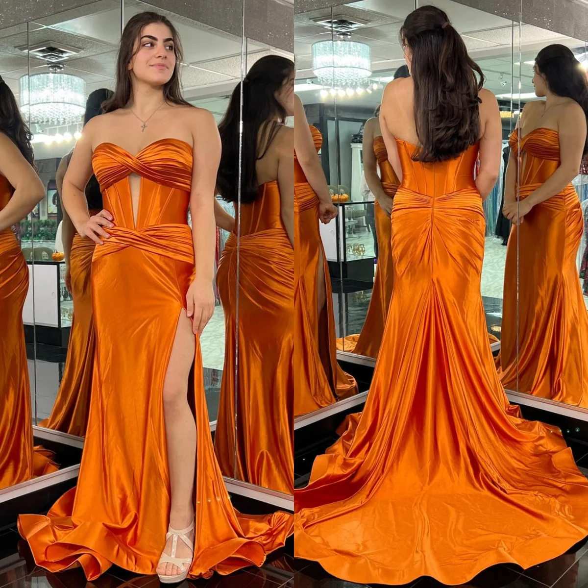 Satin Strapless Ruched Mermaid Prom Dresses Fashion Sweetheart Pleat Backless Front Hollowed High Slit Party Gown Customized
Satin Strapless Ruched Mermaid Prom Dresses Fashion Sweetheart Pleat Backless Front Hollowed High Slit Party Gown Customized