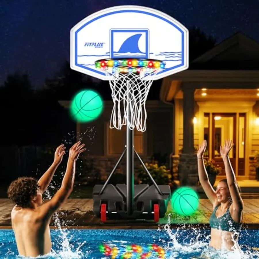 Swimming pool basketball hoop set: adjustable height 4559 in, durable plastic with blue finish, LED lights and glow balls for n
Swimming pool basketball hoop set: adjustable height 4559 in, durable plastic with blue finish, LED lights and glow balls for n