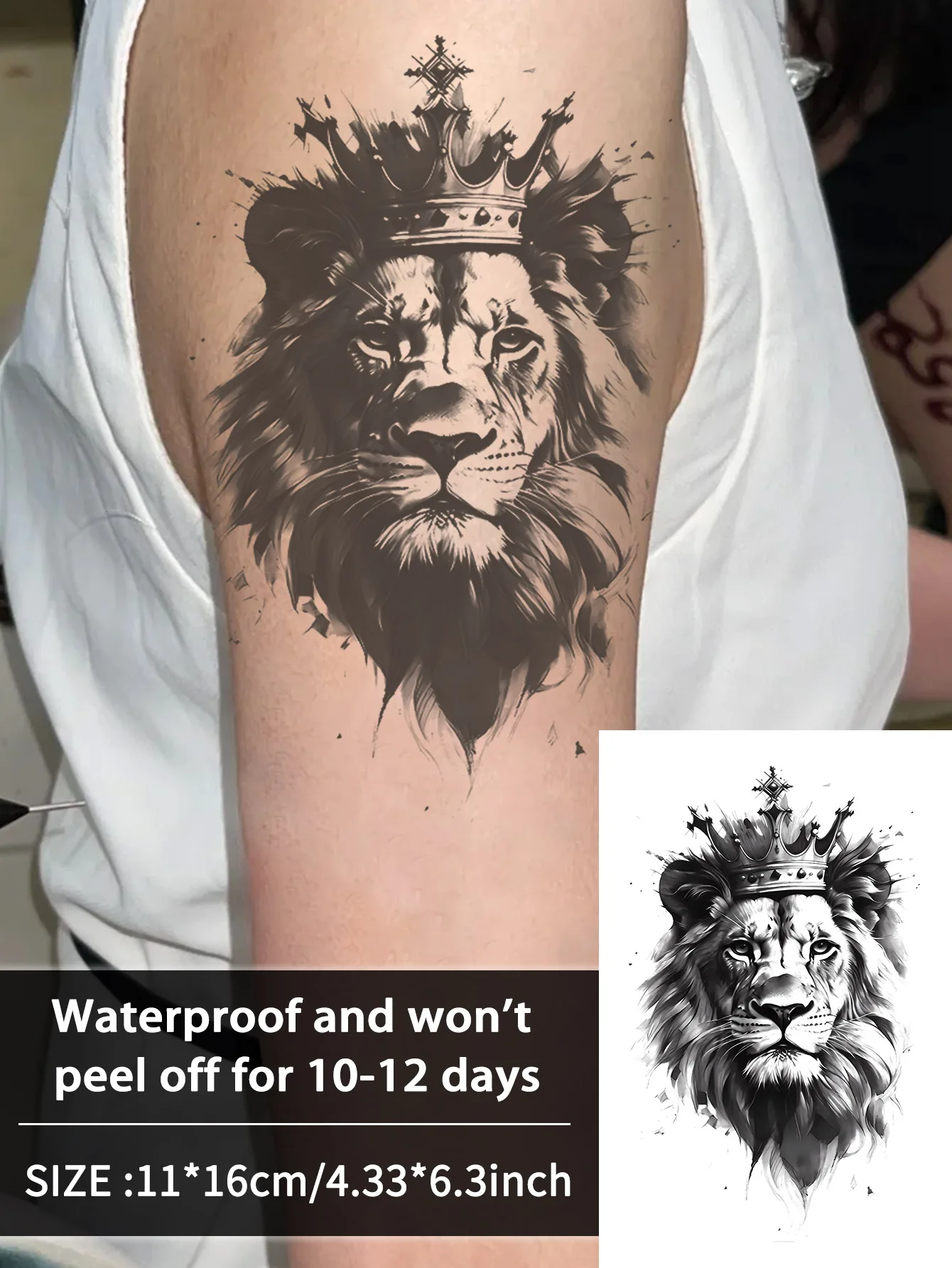 Crown and lion waterproof temporary tattoo sticker, lasts 1-2 weeks, realistic semi-permanent fake tattoo
Crown and lion waterproof temporary tattoo sticker, lasts 1-2 weeks, realistic semi-permanent fake tattoo