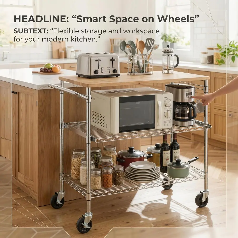 3Tier Rolling Kitchen Cart with 18 D x 36 W Oak Wood Tabletop, Kitchen Island Cart with 4 Wheels and Slider Shelf, Microwave Ca
3Tier Rolling Kitchen Cart with 18 D x 36 W Oak Wood Tabletop, Kitchen Island Cart with 4 Wheels and Slider Shelf, Microwave Ca