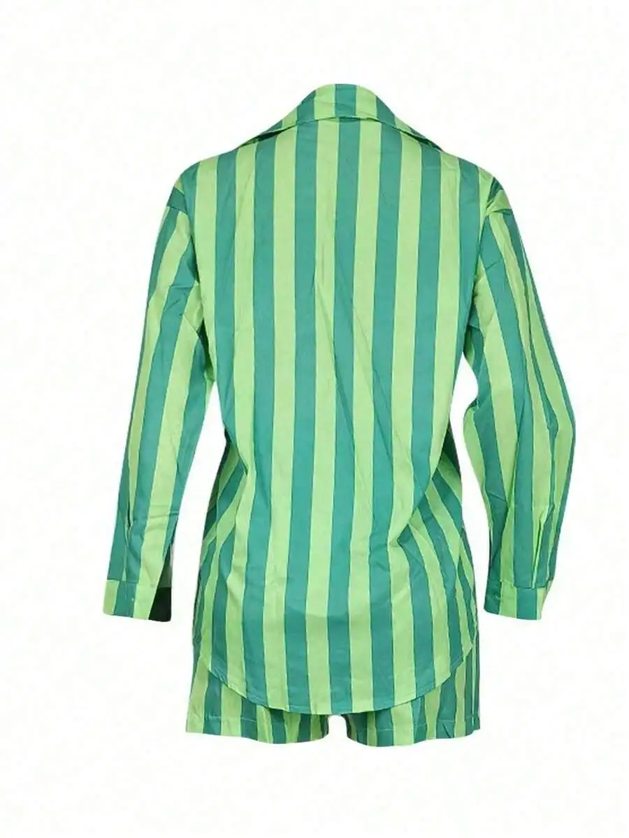 Womens Green Striped Loose Fit Drop Shoulder Long Sleeve Shirt And Shorts Casual Two Piece Set
Womens Green Striped Loose Fit Drop Shoulder Long Sleeve Shirt And Shorts Casual Two Piece Set