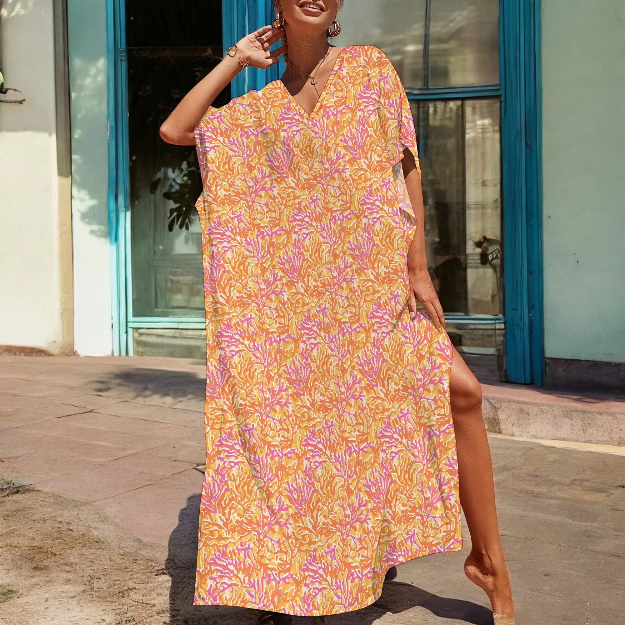 Afro Style Tropical Kaftan Dress S-3XL Coral Leaf Print Loose Fit V-Neck Maxi for Beach or Casual Church Wear
Afro Style Tropical Kaftan Dress S-3XL Coral Leaf Print Loose Fit V-Neck Maxi for Beach or Casual Church Wear