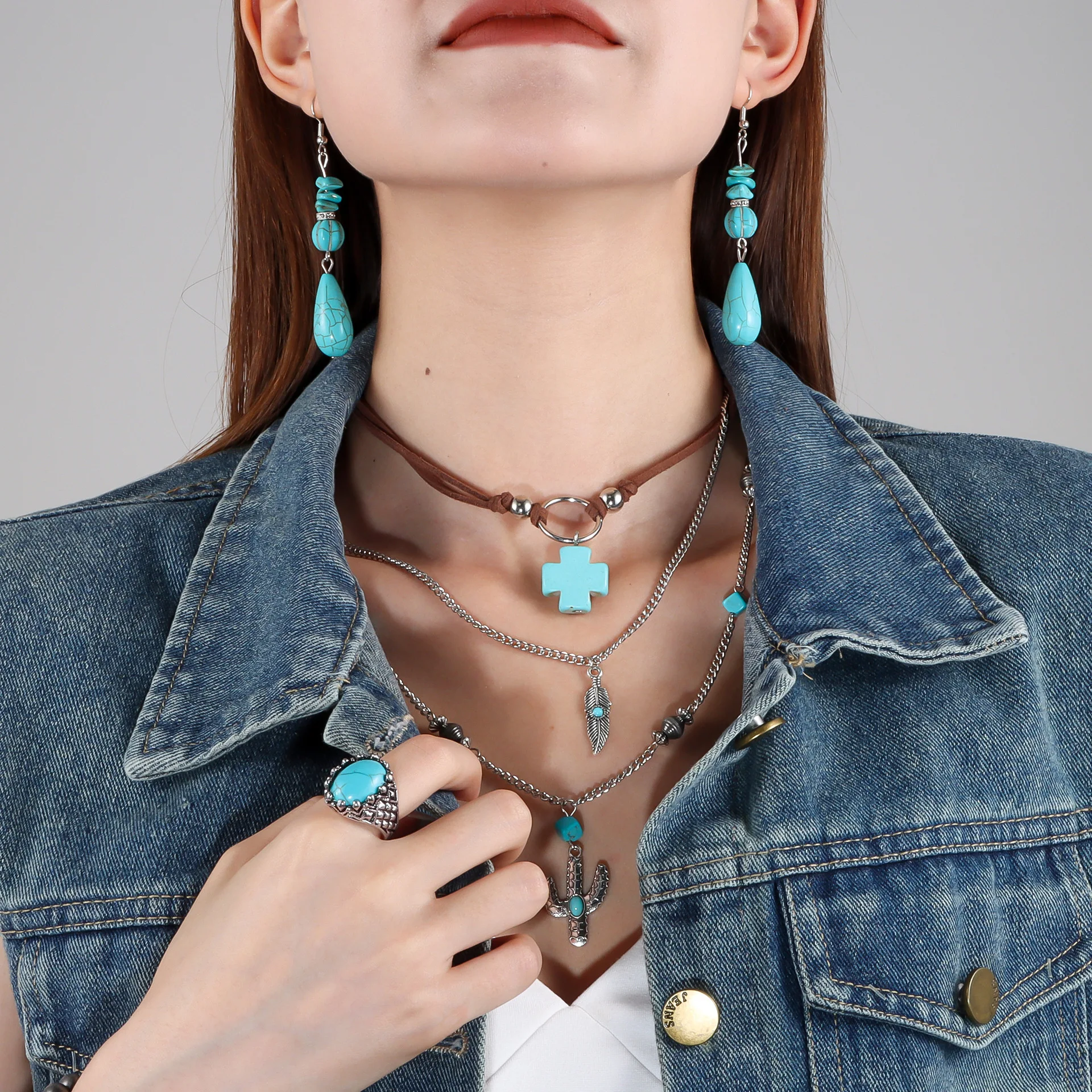 DIY accessories Western denim style multi-layer stacked necklace, European and American cross-border turquoise multi-element com
DIY accessories Western denim style multi-layer stacked necklace, European and American cross-border turquoise multi-element com