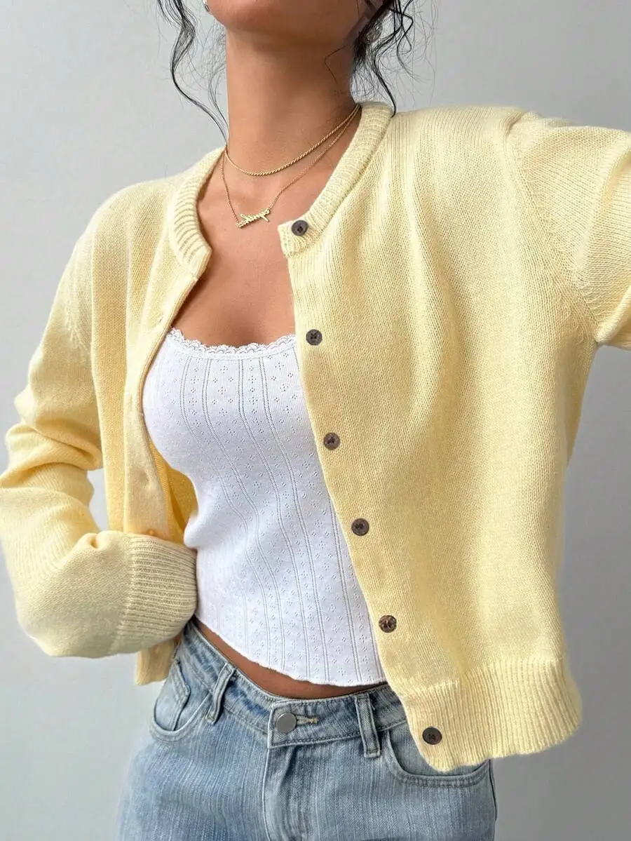 Cream Yellow Women Casual Cardigan Sweater For Autumn Winter
Cream Yellow Women Casual Cardigan Sweater For Autumn Winter