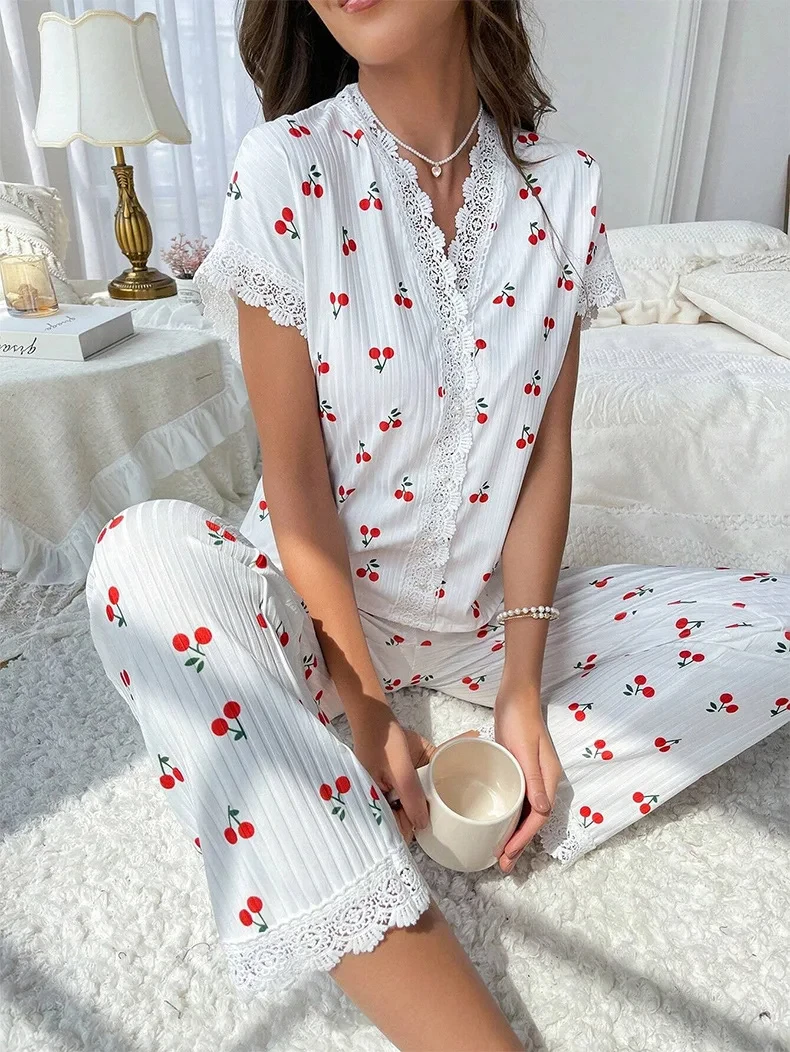 Lace Trim Women Pajama Set Short Sleeve Front Button Top & Full-Length Pants Cherry Print 2 Pieces Sleepwear Nightwear Homewear
Lace Trim Women Pajama Set Short Sleeve Front Button Top & Full-Length Pants Cherry Print 2 Pieces Sleepwear Nightwear Homewear