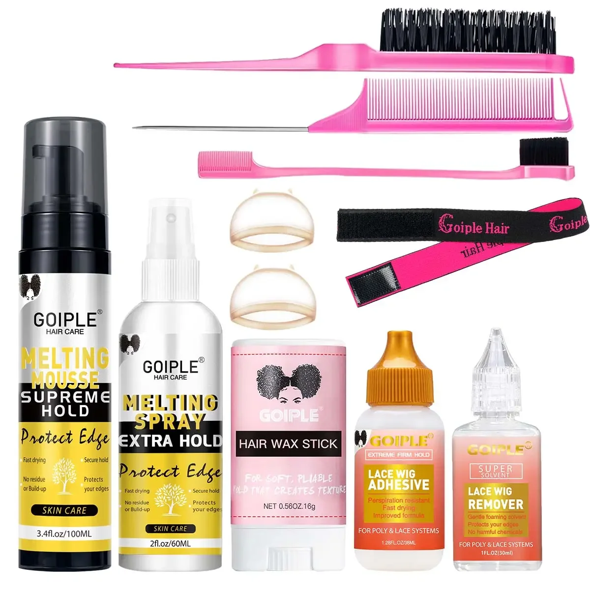 GOIPLE Lace Wig Melting Mousse Invisible Melting Spray Wig Adhesive + Remover Smoothing and Styling Wax Solid Hair Wax Stick Kit
GOIPLE Lace Wig Melting Mousse Invisible Melting Spray Wig Adhesive + Remover Smoothing and Styling Wax Solid Hair Wax Stick Kit