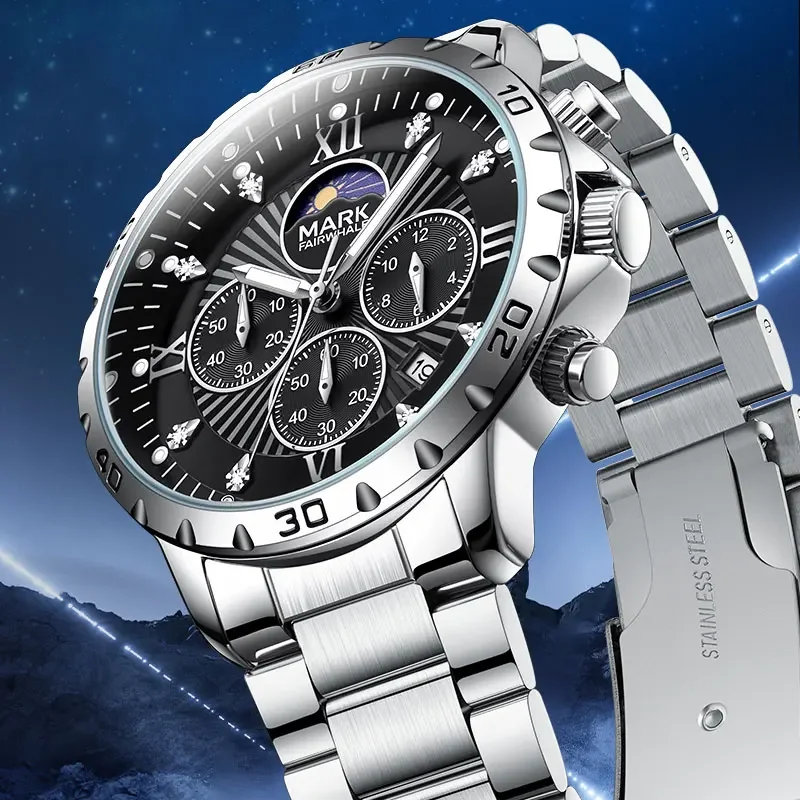 MARK FAIRWHALE Top Brand Classic Moon Quartz Mens Wristwatch Multifunctional Chronograph Hidden Clasp Waterproof For watch
MARK FAIRWHALE Top Brand Classic Moon Quartz Mens Wristwatch Multifunctional Chronograph Hidden Clasp Waterproof For watch