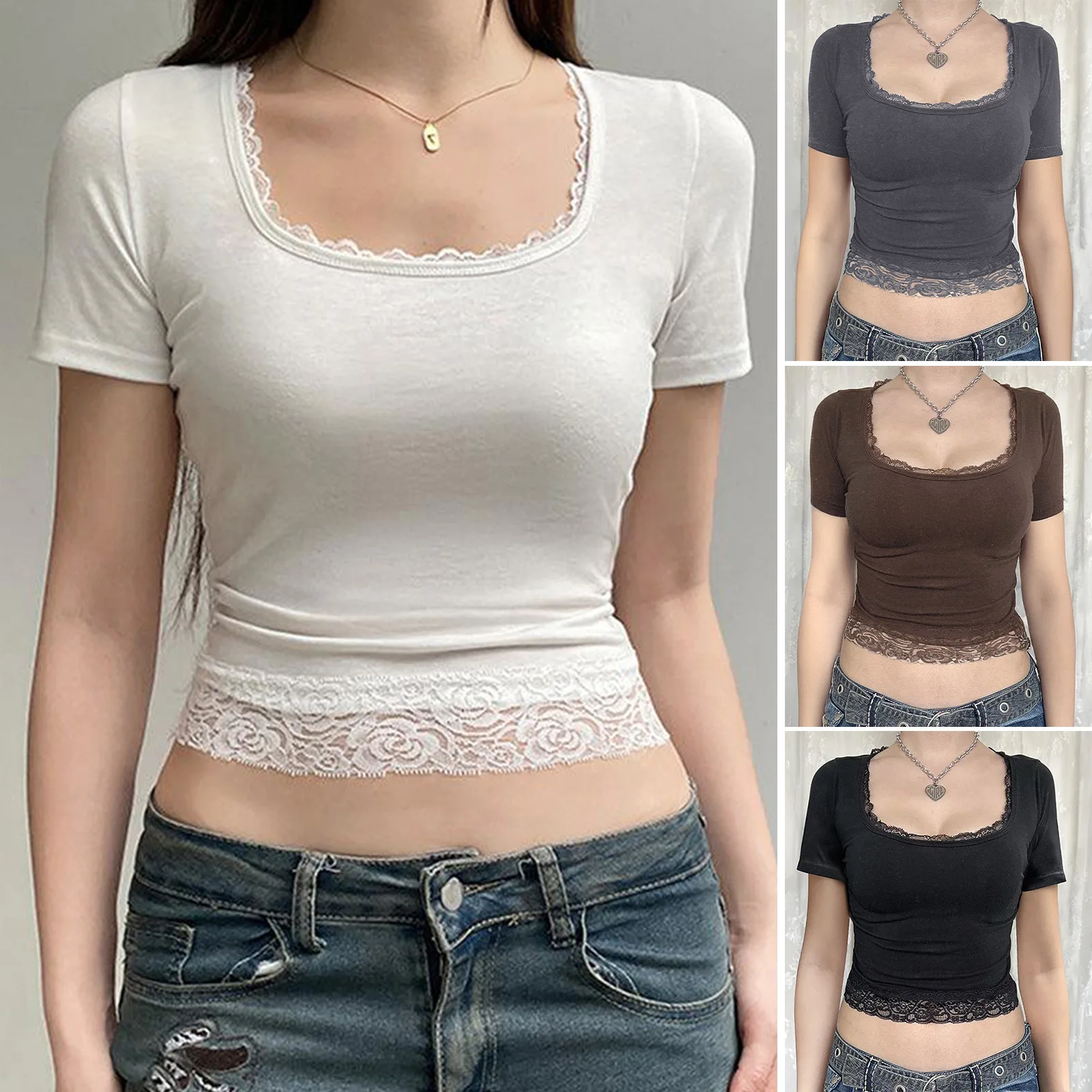 2025 Spring and Summer Y2K Solid Color Lace U-neck Sexy Exposed Button Short-sleeved Top T-shirt Women's Clothing
2025 Spring and Summer Y2K Solid Color Lace U-neck Sexy Exposed Button Short-sleeved Top T-shirt Women's Clothing