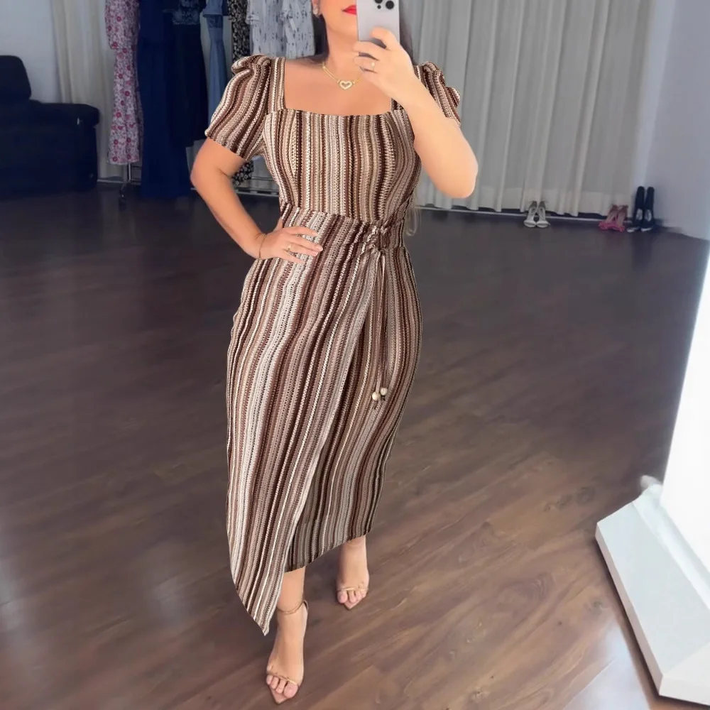 Women Textured Striped Square Neck Puff Sleeve Wrap Hem Work Dress Tied Detail Cinched Waist Maxi Dress
Women Textured Striped Square Neck Puff Sleeve Wrap Hem Work Dress Tied Detail Cinched Waist Maxi Dress