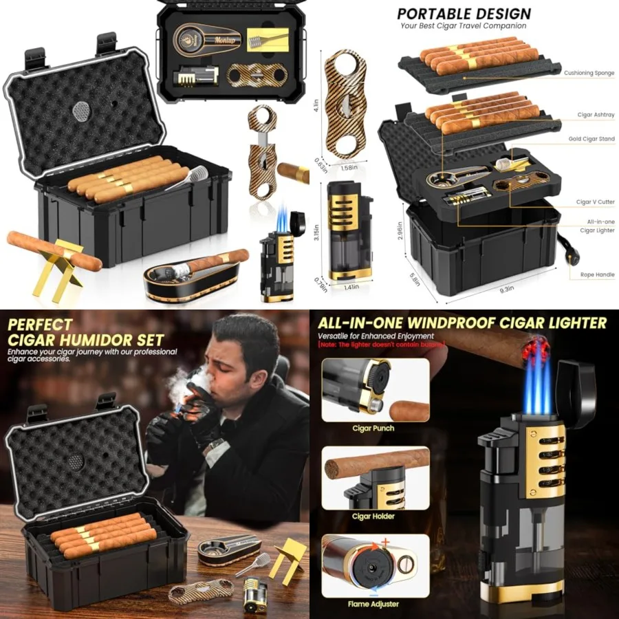Travel Cigar Humidor Set with Torch Cigar Lighter, V Cigar Cutter, Cigar Ashtray, Cigar Holder, Humidifier Hygrometer, Portable
Travel Cigar Humidor Set with Torch Cigar Lighter, V Cigar Cutter, Cigar Ashtray, Cigar Holder, Humidifier Hygrometer, Portable