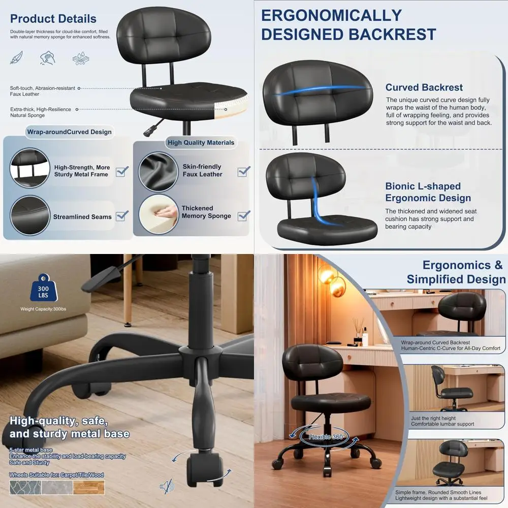 Ergonomic PU Leather Swivel Chair with Lumbar Support and Adjustable Height for Home Office, Armless, Black
Ergonomic PU Leather Swivel Chair with Lumbar Support and Adjustable Height for Home Office, Armless, Black