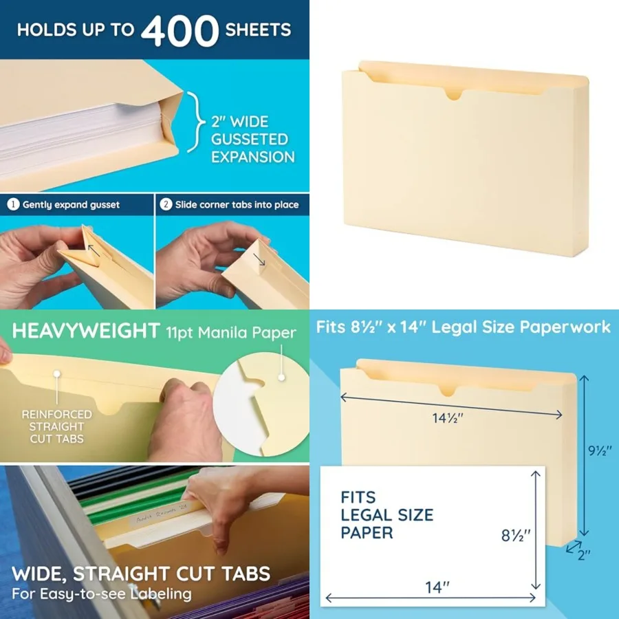 2 Inch Manila File Jackets, Reinforced Straight Cut Tab, Heavy Duty 2 Inch Expansion Pocket, Legal Size, 50 Pack
2 Inch Manila File Jackets, Reinforced Straight Cut Tab, Heavy Duty 2 Inch Expansion Pocket, Legal Size, 50 Pack