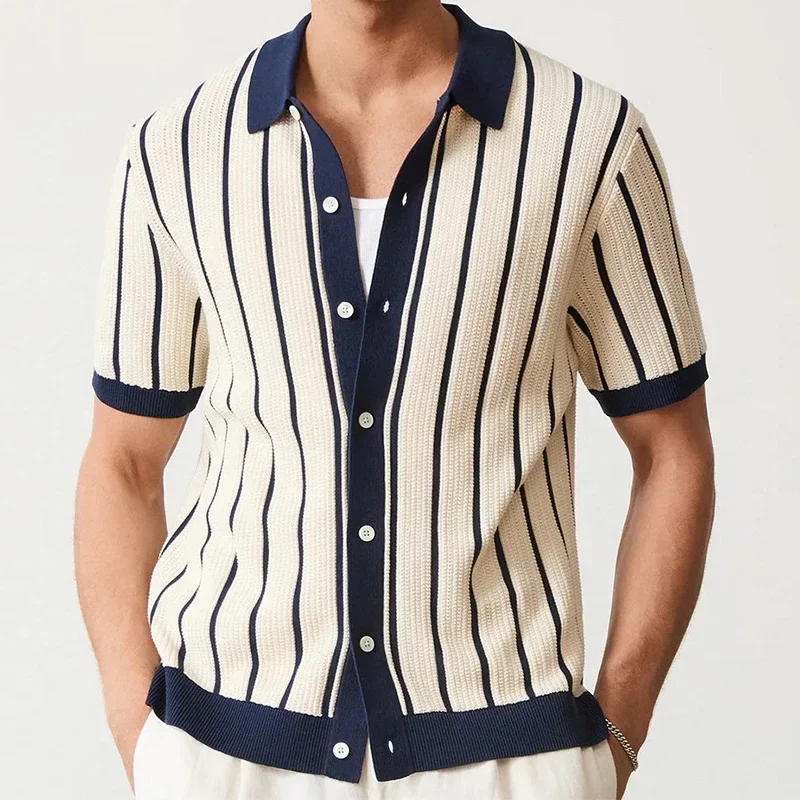 Luxury Knitting Striped Shirts Men Vintage Turn-down Collar Button Short Sleeve Mens Knit Shirt 2025 Summer Trendy Slim Cardigan
Luxury Knitting Striped Shirts Men Vintage Turn-down Collar Button Short Sleeve Mens Knit Shirt 2025 Summer Trendy Slim Cardigan