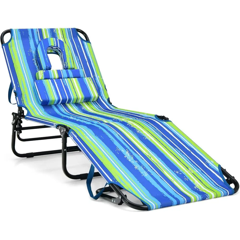 Portable Adjustable Beach Chaise Lounge with Sunbathing Hole, Pillows, and Carrying Bag (Blue & Green)
Portable Adjustable Beach Chaise Lounge with Sunbathing Hole, Pillows, and Carrying Bag (Blue & Green)
