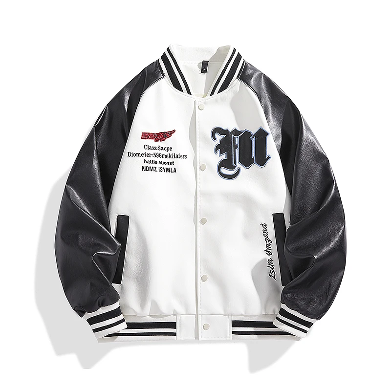 Mens Leather Jacket Fashion Motorcycle Leather Coat Man Embroidery Letter Hip Hop Windproof Varsity Patchwork Coat Couple Youth 
Mens Leather Jacket Fashion Motorcycle Leather Coat Man Embroidery Letter Hip Hop Windproof Varsity Patchwork Coat Couple Youth