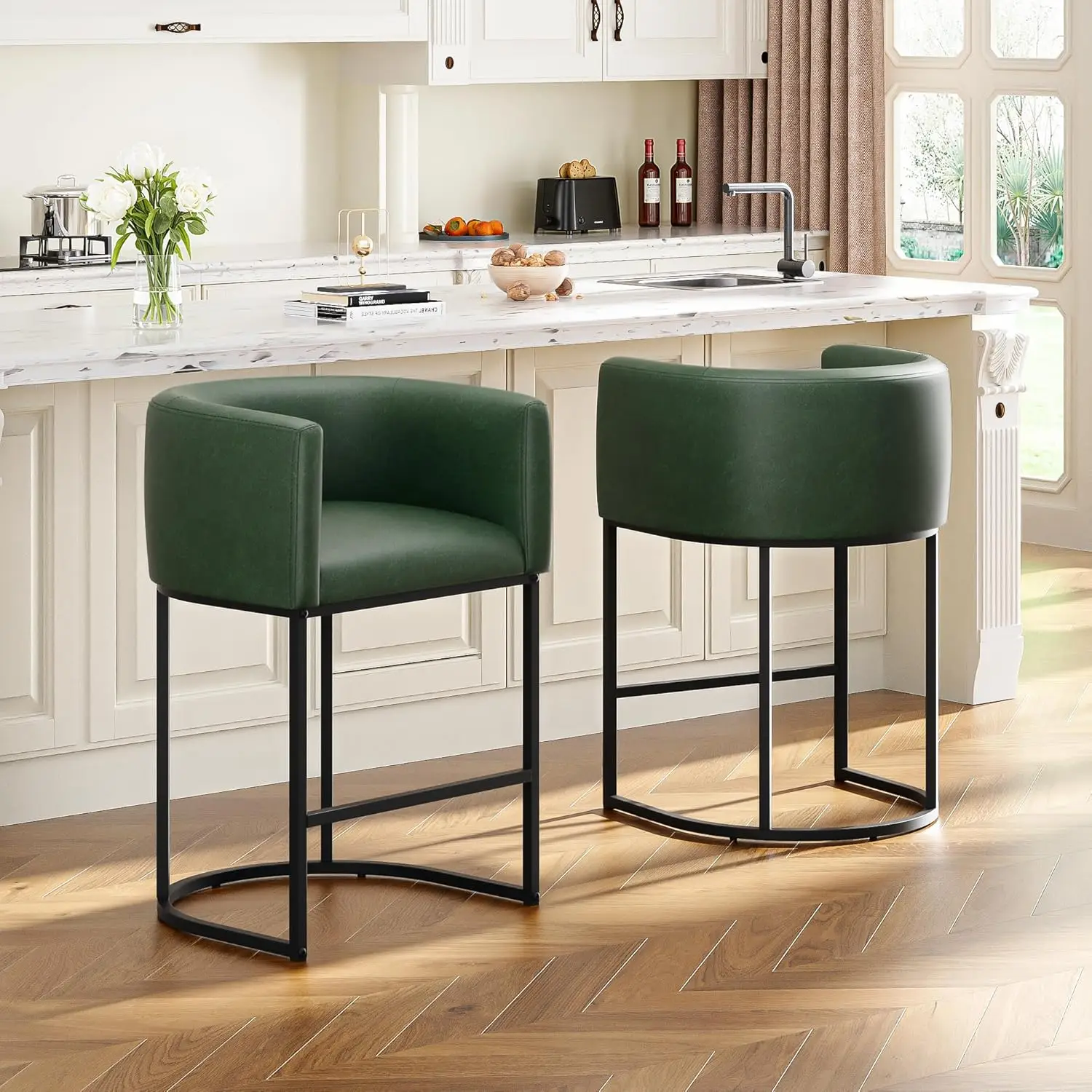 26" H Counter Height Bar Stools Set of 2, Modern Barrel Counter Stools with Backrest and Arms, Faux Leather Upholstered Accen
26" H Counter Height Bar Stools Set of 2, Modern Barrel Counter Stools with Backrest and Arms, Faux Leather Upholstered Accen